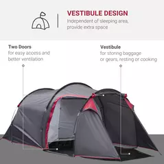 Outsunny 2-3 Person Tunnel Tent with Sewn-in Groundsheet, Air Vents, Rainfly, 2000mm Water Column, Camping Tent with 1 Bedroom, Inbuilt Porch, Living Area for Camping, Hiking, Grey - 4