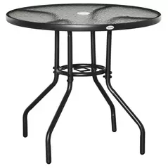 Outsunny Outdoor φ80cm Round Dining Table Tempered Glass Top Steel Frame Bistro Coffee End Side Table Garden w/ Parasol Hole - 1