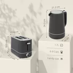 HOMCOM Kettle and Toaster Set, 1.7L 3000W Fast Boil Kettle & 2 Slice Toaster Kitchen Set with 6 Level Browning Controls, Defrost, Reheat, Grey - 3