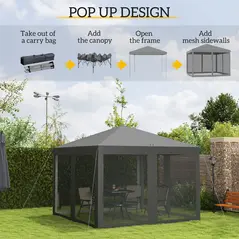 Outsunny 3 x 3 m Pop Up Gazebo, 420D Garden Tent Canopy with Removable Mesh Sidewall Netting, Carry Bag for Garden Patio Outdoor, Light Grey - 4