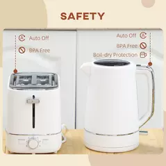 HOMCOM Kettle and Toaster Set, 1.7L 3000W Fast Boil Kettle & 2 Slice Toaster Kitchen Set with 6 Level Browning Controls, Defrost, Reheat, White - 7