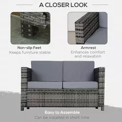 Outsunny Rattan Sofa, 2 Seater Garden Furniture with Soft Padded Cushion and Armrests, Wicker Garden Loveseat for Patio, Mixed Grey - 6