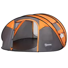 Outsunny 4 Person Pop-up Camping Tent Family Tent with Ground Sheet, 4 Windows and Portable Carry Bag for Beach Outdoor Trip, Orange - 1