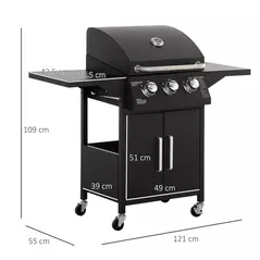 Outsunny 3 Burner Gas BBQ Grill Outdoor Portable Barbecue Trolley w/ Warming Rack, Side Shelves, Storage Cabinet, Thermometer, Carbon Steel, Black - 3