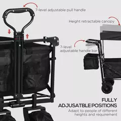 Outsunny Folding Trolley Cart Storage Wagon Beach Trailer 4 Wheels with Handle Overhead Canopy Cart Push Pull for Camping, Black - 5