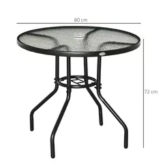 Outsunny Outdoor φ80cm Round Dining Table Tempered Glass Top Steel Frame Bistro Coffee End Side Table Garden w/ Parasol Hole - 3