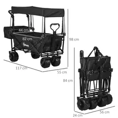 Outsunny Folding Trolley Cart Storage Wagon Beach Trailer 4 Wheels with Handle Overhead Canopy Cart Push Pull for Camping, Black - 3