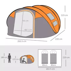 Outsunny 4 Person Pop-up Camping Tent Family Tent with Ground Sheet, 4 Windows and Portable Carry Bag for Beach Outdoor Trip, Orange - 3