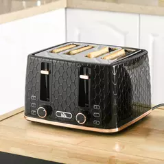 HOMCOM 4 Slice Toaster with 7 Browning Levels, High Lift, Reheat/Defrost/Cancel, Self-centring Function, Removable Crumb Tray, Auto Off, 1600W, Black Honeycomb Texture - 2