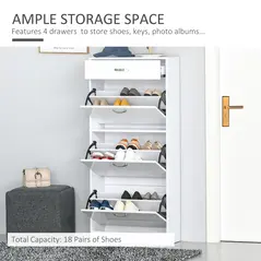 HOMCOM Shoe Cabinet with 3 Flip Drawers, High Gloss Shoe Storage Cabinet with Top Drawer and Adjustable Shelves, Shoe Cupboard for 18 Pairs, White - 3