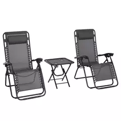 Outsunny 3pcs Folding Zero Gravity Chairs Sun Lounger Table Set w/ Cup Holders Reclining Garden Yard Pool, Dark Grey - 1