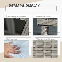 Outsunny 2 Seater Rattan Cube Garden Furniture Set, Rattan Dining Set with Cushions, Outdoor Dining Table and Chairs with 2 Armchairs, 2 Stools, Rectangular Glass Top Table for Patio, Balcony, Grey - 6