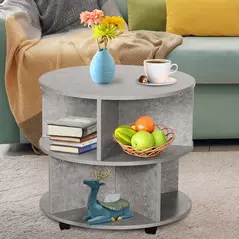 HOMCOM Round Coffee Table with Wheels, 3-Tier Rolling Side Table for Living Room with Divided Shelves, Cement Colour - 6