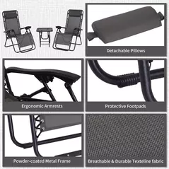 Outsunny 3pcs Folding Zero Gravity Chairs Sun Lounger Table Set w/ Cup Holders Reclining Garden Yard Pool, Dark Grey - 7