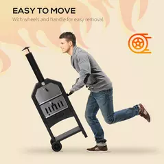 Outsunny Outdoor Garden Pizza Oven Charcoal BBQ Grill 3-Tier Freestanding w/ Chimney, Mesh Shelf, Thermometer Handles, Wheels Garden Party Gathering Stainless Steel Cooker - 4