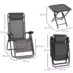 Outsunny 3pcs Folding Zero Gravity Chairs Sun Lounger Table Set w/ Cup Holders Reclining Garden Yard Pool, Dark Grey - 3