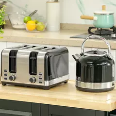 HOMCOM Polished Stainless Steel Kettle and Toaster Set - Black - 2
