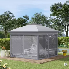 Outsunny 3.3 x 3.3m Pop Up Gazebo, Double Roof Foldable Canopy Tent with Zipped Mesh Sidewalls, Height Adjustable and Carrying Bag, Event Tent for Patio Garden, Grey - 2