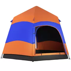 Outsunny Six Man Hexagon Camping Tent with Hang Hook and Carry Bag - Orange and Blue - 1