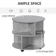 HOMCOM Round Coffee Table with Wheels, 3-Tier Rolling Side Table for Living Room with Divided Shelves, Cement Colour - 3