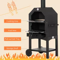 Outsunny Outdoor Garden Pizza Oven Charcoal BBQ Grill 3-Tier Freestanding w/ Chimney, Mesh Shelf, Thermometer Handles, Wheels Garden Party Gathering Stainless Steel Cooker - 7