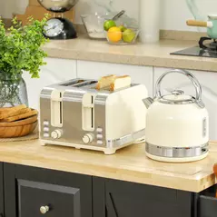 HOMCOM Polished Stainless Steel Kettle and Toaster Set - Cream - 2