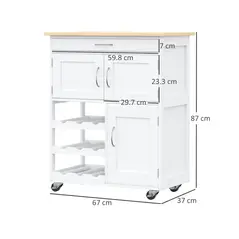 HOMCOM Modern Kitchen Trolley, Rolling Island Storage Cart with Drawer, 9-bottle Wine Rack, Door Cabinets, Wooden Countertop, White - 2