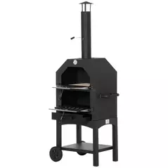 Outsunny Outdoor Garden Pizza Oven Charcoal BBQ Grill 3-Tier Freestanding w/ Chimney, Mesh Shelf, Thermometer Handles, Wheels Garden Party Gathering Stainless Steel Cooker - 1