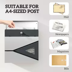 HOMCOM Wall Mounted Post Box with Viewing Window, 2 Lock, Modern Galvanised Steel Mailbox with Copper Core, Weatherproof Letterbox for Outdoor Use, Easy to Install, Silver - 8