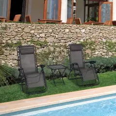 Outsunny 3pcs Folding Zero Gravity Chairs Sun Lounger Table Set w/ Cup Holders Reclining Garden Yard Pool, Dark Grey - 2