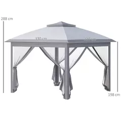 Outsunny 3.3 x 3.3m Pop Up Gazebo, Double Roof Foldable Canopy Tent with Zipped Mesh Sidewalls, Height Adjustable and Carrying Bag, Event Tent for Patio Garden, Grey - 3