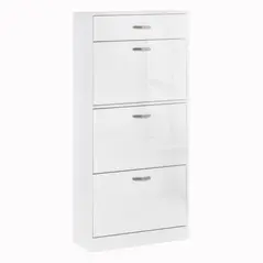 HOMCOM Shoe Cabinet with 3 Flip Drawers, High Gloss Shoe Storage Cabinet with Top Drawer and Adjustable Shelves, Shoe Cupboard for 18 Pairs, White - 1