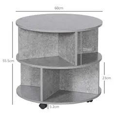 HOMCOM Round Coffee Table with Wheels, 3-Tier Rolling Side Table for Living Room with Divided Shelves, Cement Colour - 2