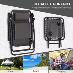 Outsunny 3pcs Folding Zero Gravity Chairs Sun Lounger Table Set w/ Cup Holders Reclining Garden Yard Pool, Dark Grey - 6