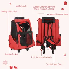 PawHut Pet Travel Backpack Bag Cat Puppy Dog Carrier w/ Trolley and Telescopic Handle Portable Stroller Wheel Luggage Bag (Red) - 5