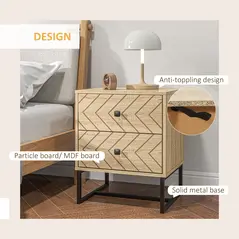 HOMCOM Bedside Table Nightstand Two-Drawer Bedroom Storage Unit Zig Zag Design with Black Metal Handles, Natural - 5