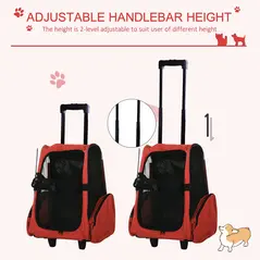 PawHut Pet Travel Backpack Bag Cat Puppy Dog Carrier w/ Trolley and Telescopic Handle Portable Stroller Wheel Luggage Bag (Red) - 4