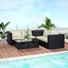 Outsunny 4 Pieces Rattan Garden Furniture Set, 4 Seater Corner Sofa Set with Storage Box, 2 Drawers Coffee Table, Loveseats with Cushions, Wicker Garden Conservatory Furniture for Balcony, Black - 1