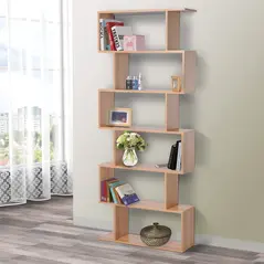 HOMCOM Bookcase, 6 Tier Shelf S Shaped Bookshelf, Storage Unit, Display Shelf for Living Room, Bedroom, Home Office, Plant, Maple - 6