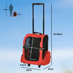 PawHut Pet Travel Backpack Bag Cat Puppy Dog Carrier w/ Trolley and Telescopic Handle Portable Stroller Wheel Luggage Bag (Red) - 2