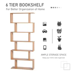 HOMCOM Bookcase, 6 Tier Shelf S Shaped Bookshelf, Storage Unit, Display Shelf for Living Room, Bedroom, Home Office, Plant, Maple - 4