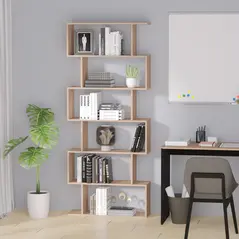 HOMCOM Bookcase, 6 Tier Shelf S Shaped Bookshelf, Storage Unit, Display Shelf for Living Room, Bedroom, Home Office, Plant, Maple - 1