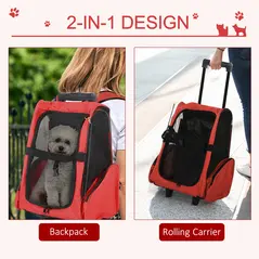 PawHut Pet Travel Backpack Bag Cat Puppy Dog Carrier w/ Trolley and Telescopic Handle Portable Stroller Wheel Luggage Bag (Red) - 3