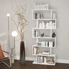 HOMCOM Bookcase, 6 Tier Shelf S Shaped Bookshelf, Storage Unit, Display Shelf for Living Room, Bedroom, Home Office, Plant, White - 1
