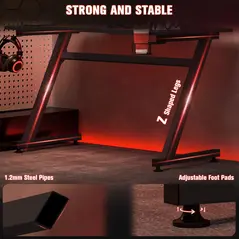 HOMCOM Gaming Desk 120 x 65 cm Steel Frame with Cup Holder, Headphone Hook, Adjustable Feet and Cable Organiser, Home Office Computer Table, Black - 6