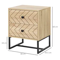 HOMCOM Bedside Table Nightstand Two-Drawer Bedroom Storage Unit Zig Zag Design with Black Metal Handles, Natural - 2