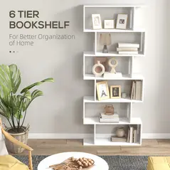 HOMCOM Bookcase, 6 Tier Shelf S Shaped Bookshelf, Storage Unit, Display Shelf for Living Room, Bedroom, Home Office, Plant, White - 3