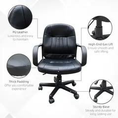 HOMCOM Swivel Executive Office Chair, PU Leather Computer Desk Chair with Adjustable Height, Wheels, Black - 5
