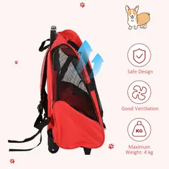 PawHut Pet Travel Backpack Bag Cat Puppy Dog Carrier w/ Trolley and Telescopic Handle Portable Stroller Wheel Luggage Bag (Red) - 7