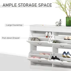 HOMCOM Shoe Cabinet with 4 Flip Drawers Wood Tipping Bucket Narrow Storage Cupboard with Adjustable Shelf Hall Organizer for Entrance Foyer White - 4